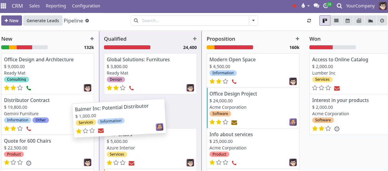 Customer activity view showing calls, reminders, tasks, and next actions