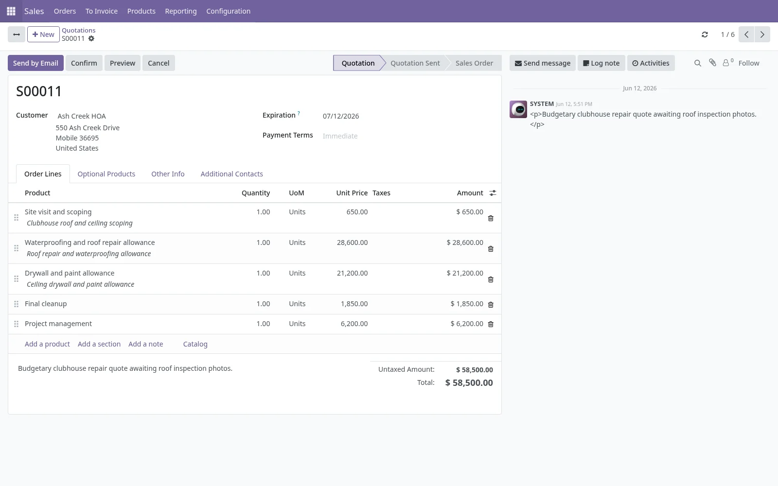 Estimate workflow view showing line items, approval status, follow-up date, and customer history
