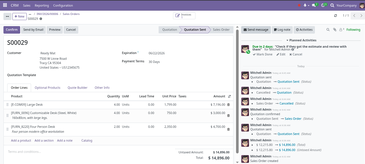 Approval workflow view showing quote approval and next review steps
