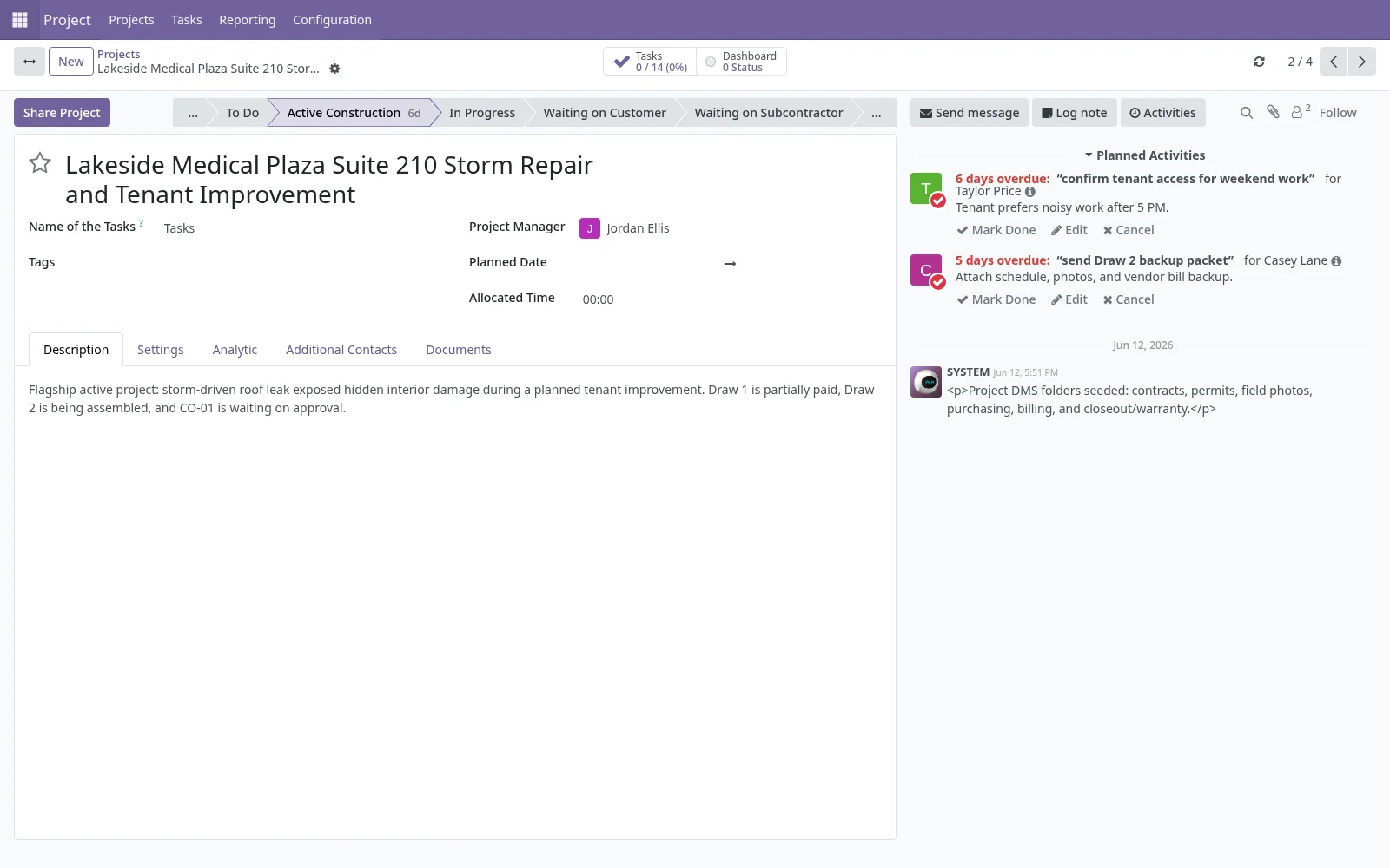 Job workspace view showing stage, assigned person, scheduled date, waiting reason, tasks, files, and photos