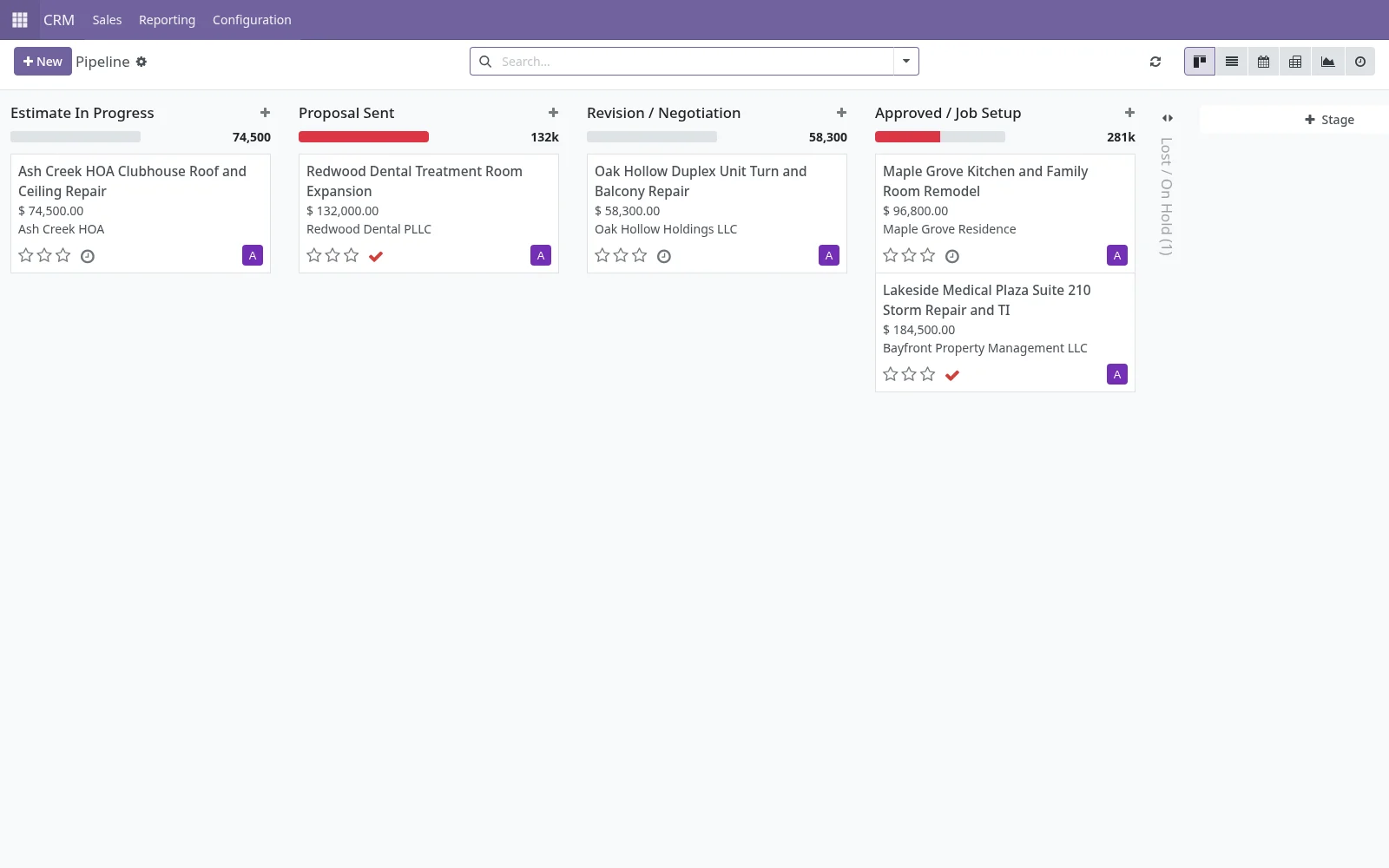 Lead pipeline view showing source, owner, status, next action, and customer details