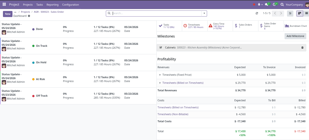 Project dashboard view showing documents, photos, approvals, and missing details